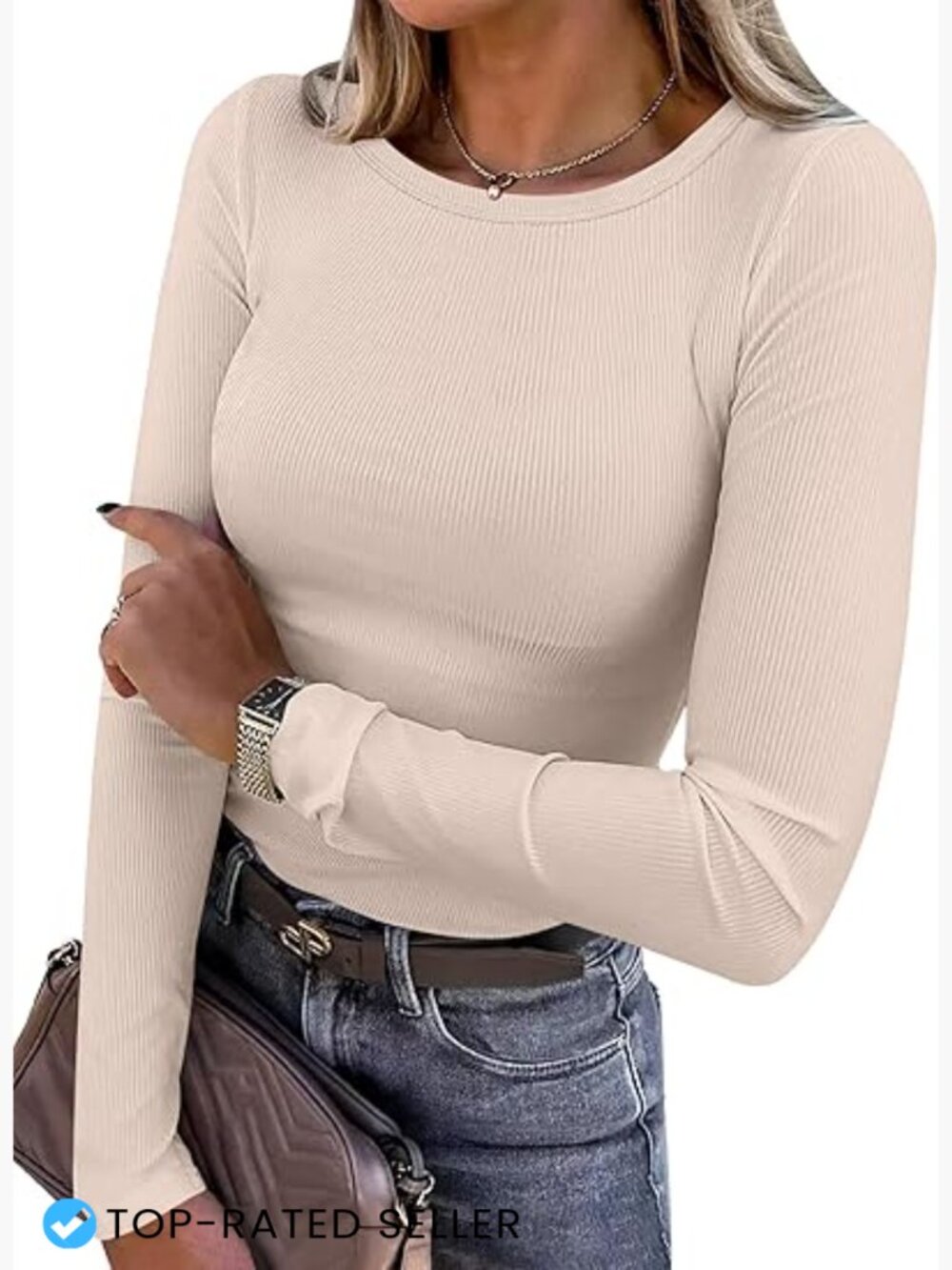 Women Long Sleeve Rib Knit Slim Fit T-Shirt Casual Basic Layer Top Crewneck